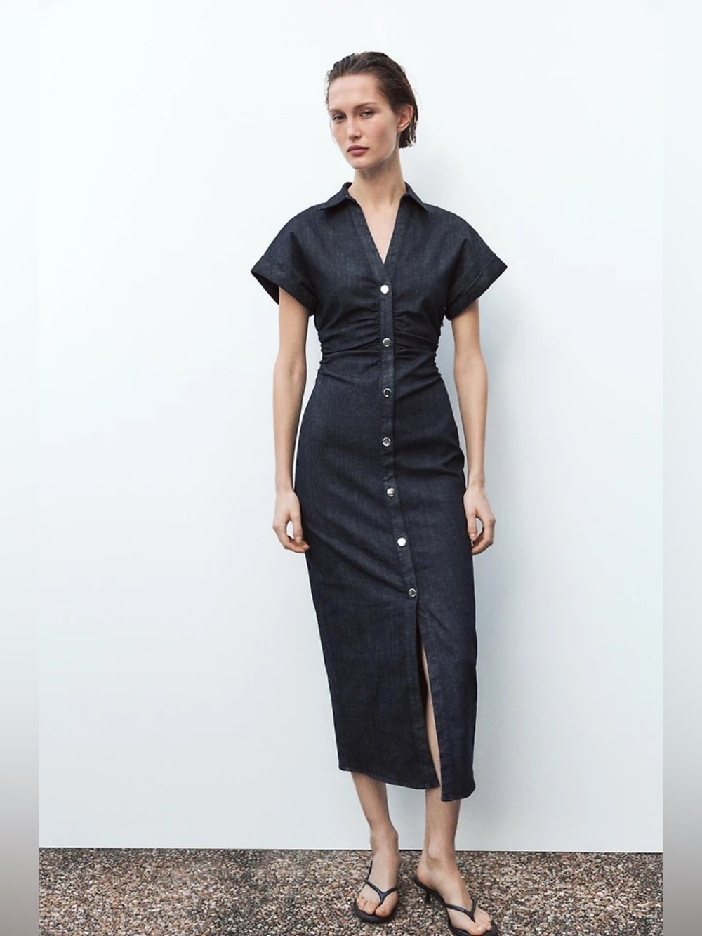 Zara Denim Midi Dress Large Dark Wash Button Front Cotton Stretch Shirt Dress